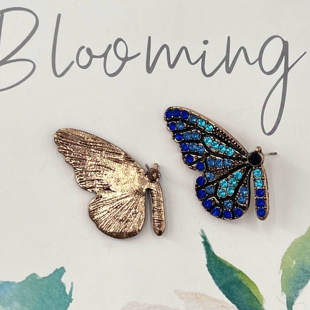 Earring Blue Butterfly Wing Rhinestone Post - Picture 3 of 8